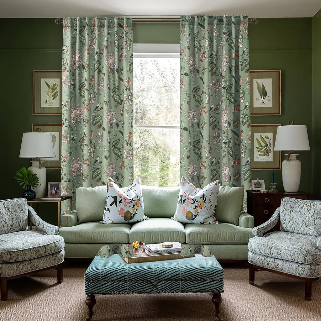 Green and White Curtains 96 Inches Long 2 Panel Set for Bay Window,70% Blackout Eclectic Art Nouveau Print Floral