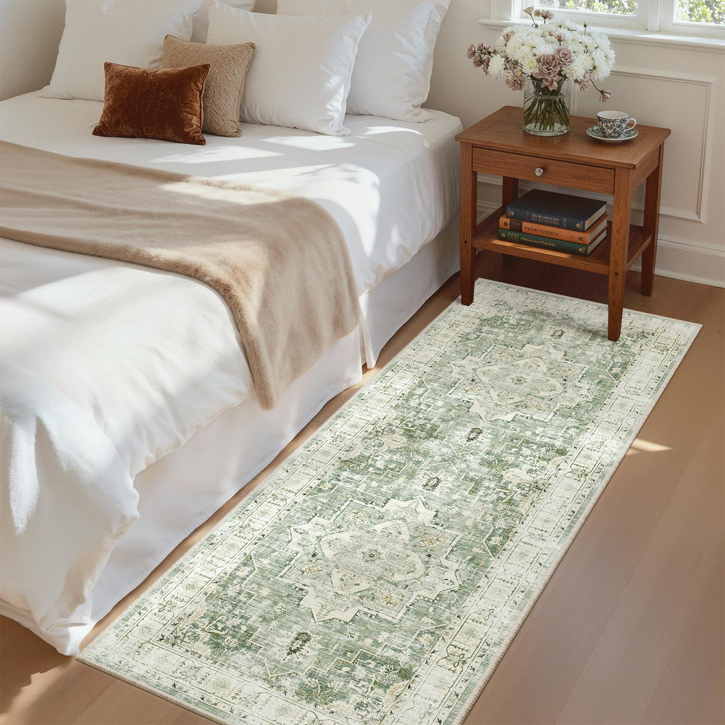 Washable Runner Rug 2x6 Runners s Non Slip, Green/Ivory