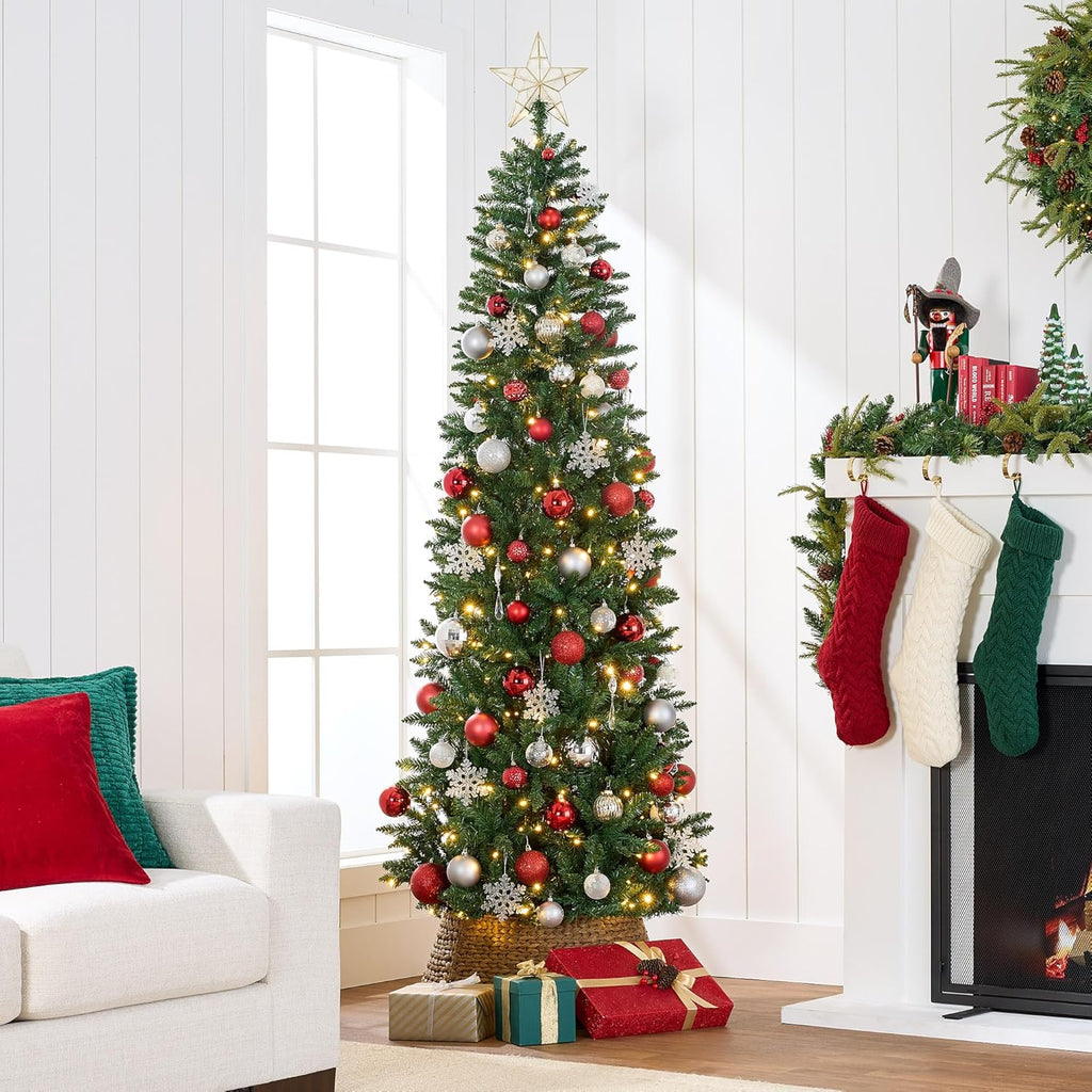 7.5ft Artificial Pencil Christmas Tree with LED Twinkling Lights, Pre-Lit Spruce Realistic Holiday Xmas Décor, 350