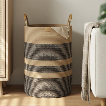 95L Striped Laundry Hamper with Leather Handles, Large Foldable Laundry Basket for Clothes, Cotton Rope Storage Bin for