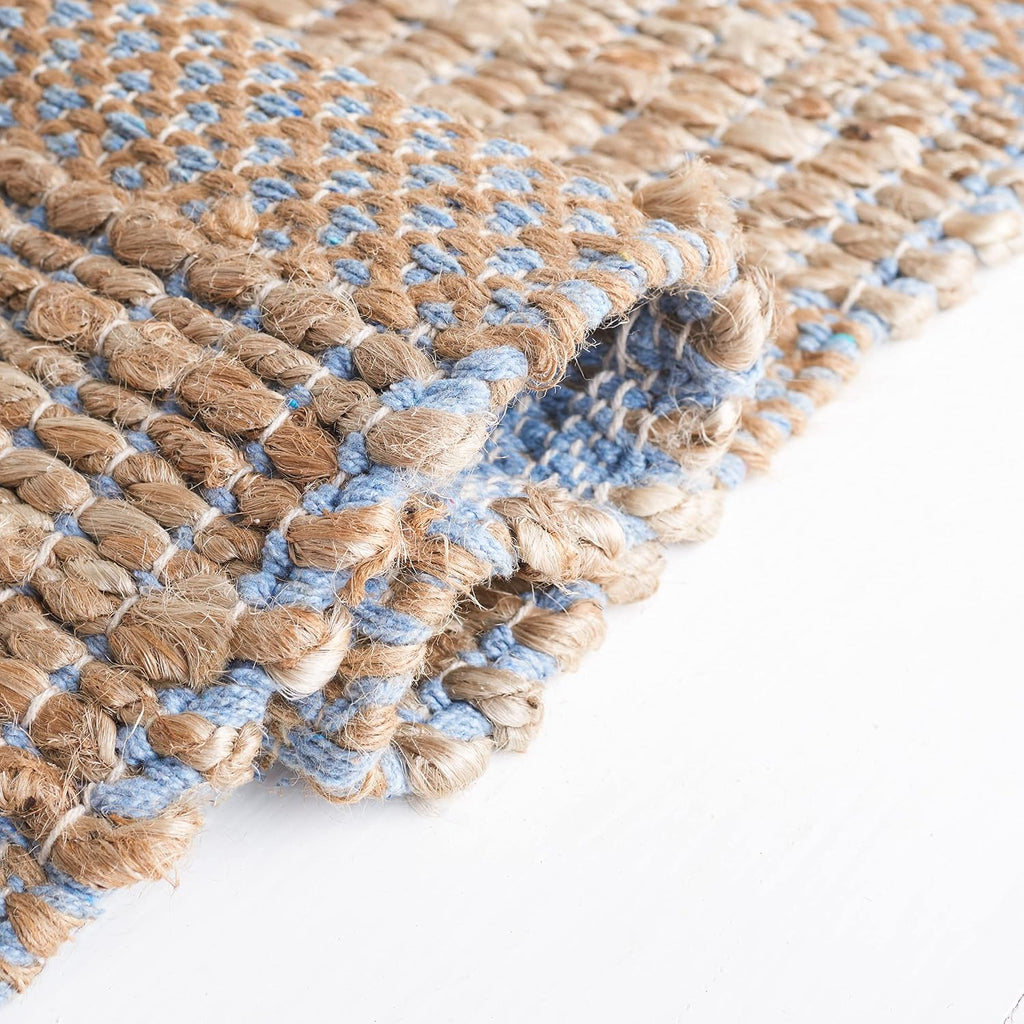 Area Rug - Natural Fiber Collection - Large - Light Blue & Natural, Handmade Jute & Cotton, Boho Farmhouse