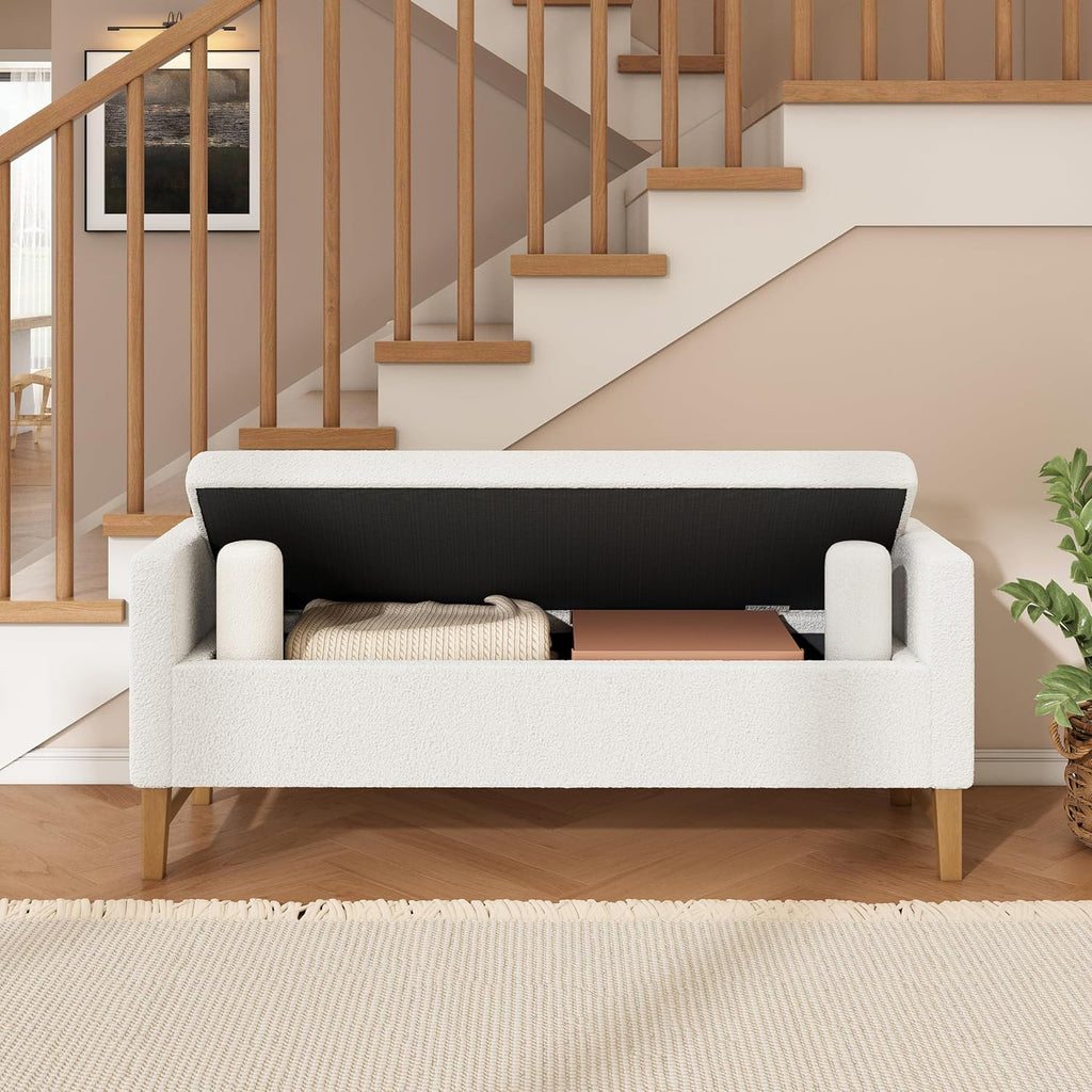 Boucle Upholstered Storage Bench 50.8" End of Bed Bench with 2 Round Pillows & Solid Wood Legs, Ample Hidden Storage