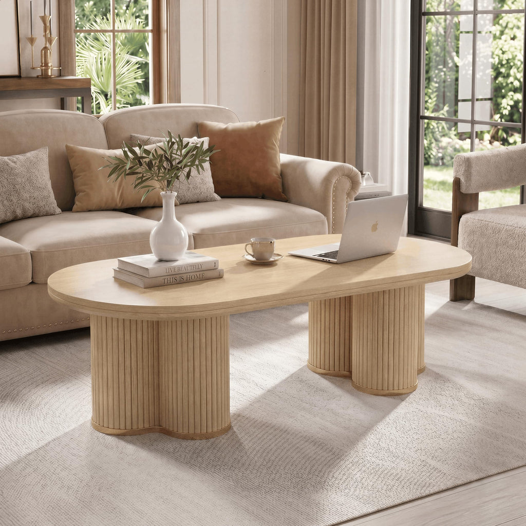 Oval Fluted Coffee Tables, 47" Wood Coffee Table, Oak