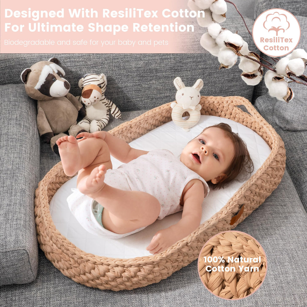 Handmade Baby Changing Basket Set with a Soft Changing Pad and Waterproof Cover, Diaper Organizer, Rattle Shaker, Moses