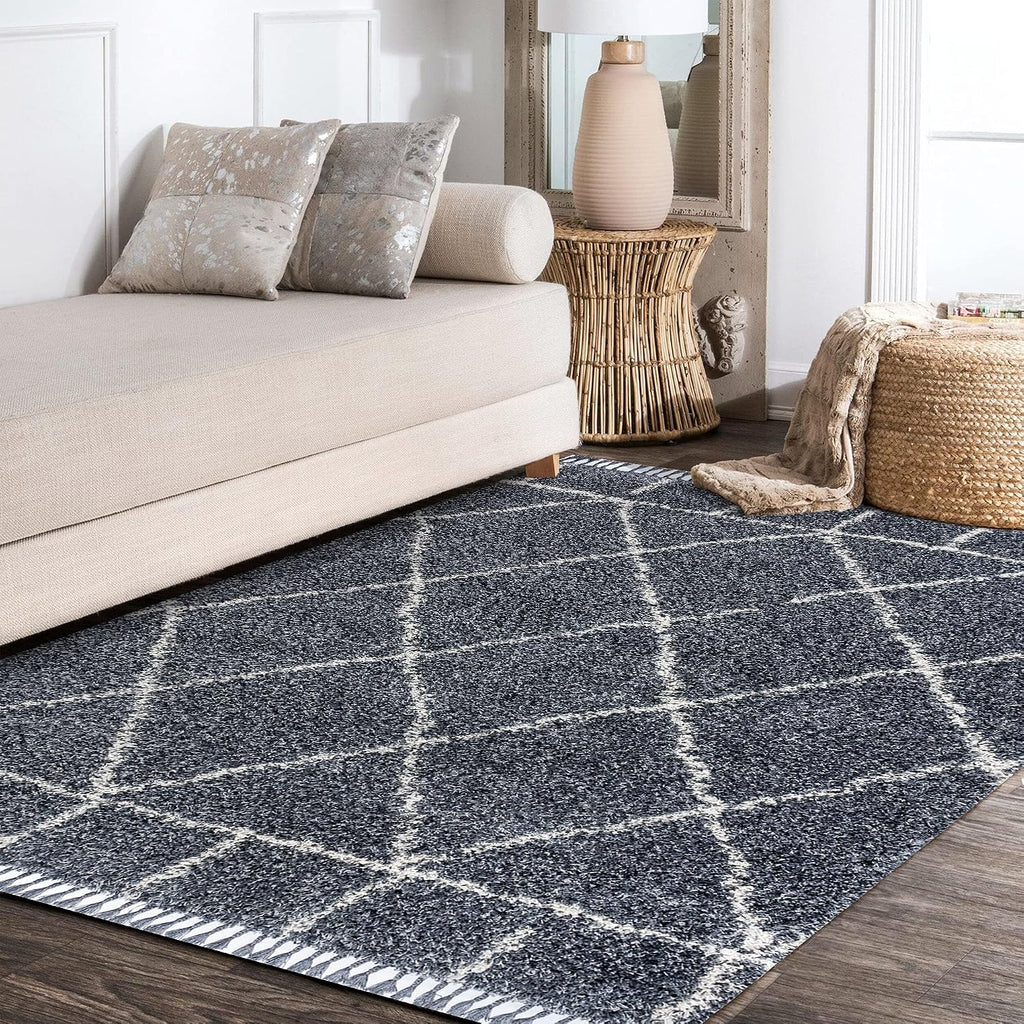 Mercer Shag Plush Tassel Blue/Cream Indoor Area Rug, Moroccan Geometric Trellis, Easy-Cleaning, Pet Friendly