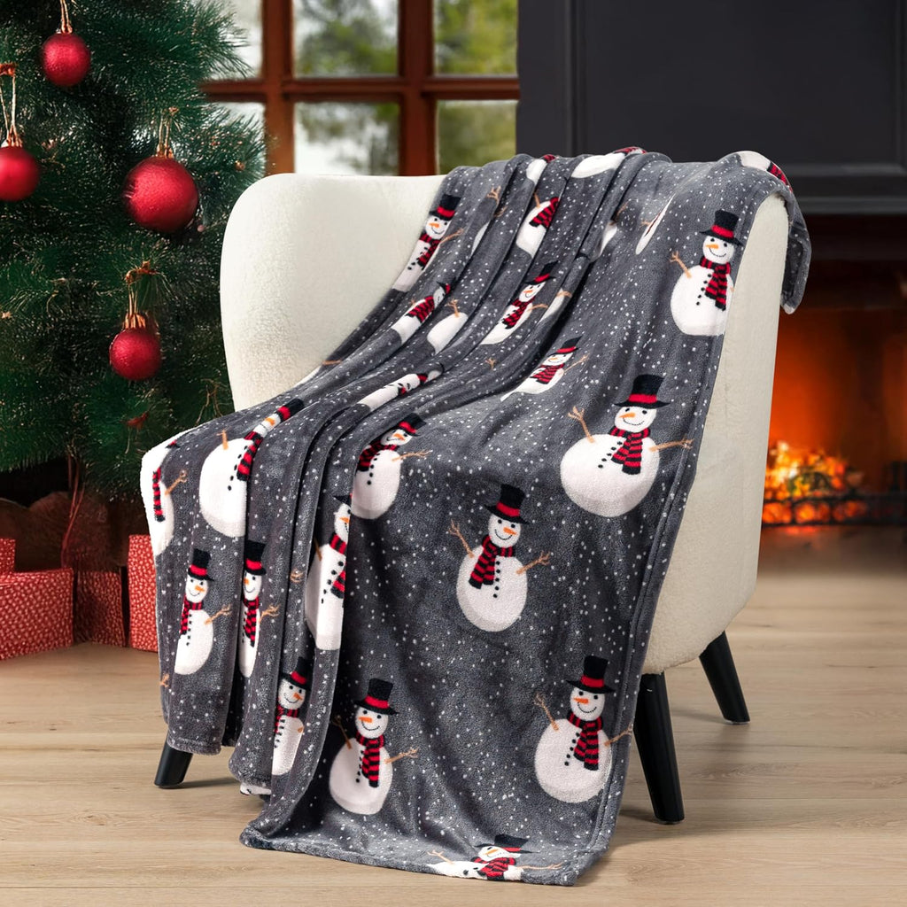Christmas Snowman Throw Blanket | Grey Christmas Fleece Blanket | Soft, Plush, Warm Winter Cabin Throw, 50x60 (Grey