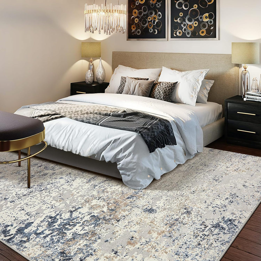 Area Rug Living Room Rugs - 8x10 Abstract Large Soft Indoor Washable Rug Neutral Modern Low Pile Carpet
