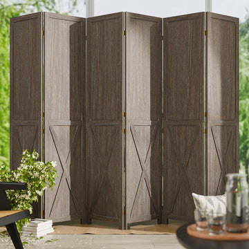 6 Panel Folding Room Divider, Solid Wood Privacy Screen, Freestanding Partition Wall, Temporary Wall
