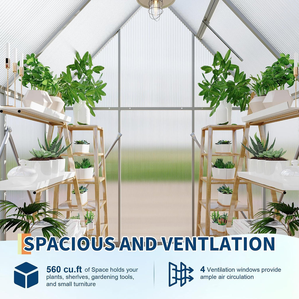 Walk-in Aluminum Greenhouse 6x4FT - Polycarbonate Panels, Heavy Duty Frame, Quick Setup, Roof Vent, Large Outdoor