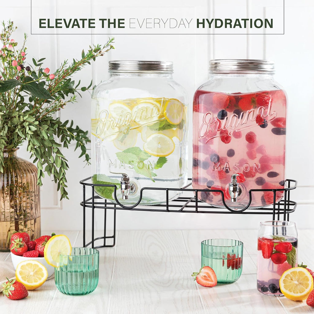GALLON - 2 PACK for Parties, Mason Jar Beverage Dispensers with Metal Stand, Glass Water Dispenser with Spigot - Set of 2