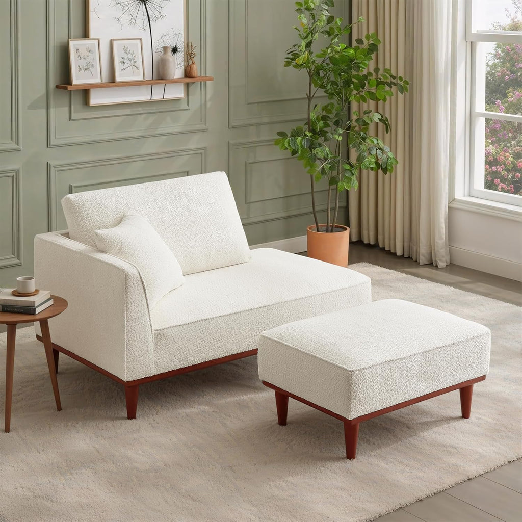 Modern Chaise Lounge Chair and Ottoman — White Boucle