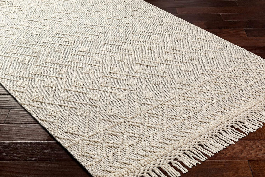 Erica Wool Living Room, Bedroom Area Rug - Geometric Diamond Trellis Border - Traditional Transitional Scandinavian