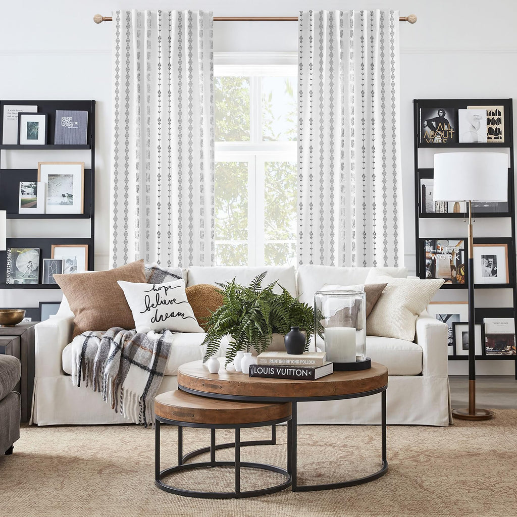 Black and White Boho Sheer Curtains Living Room, Modern Farmhouse Light Filtering Linen Aztec Floral Design Pattern