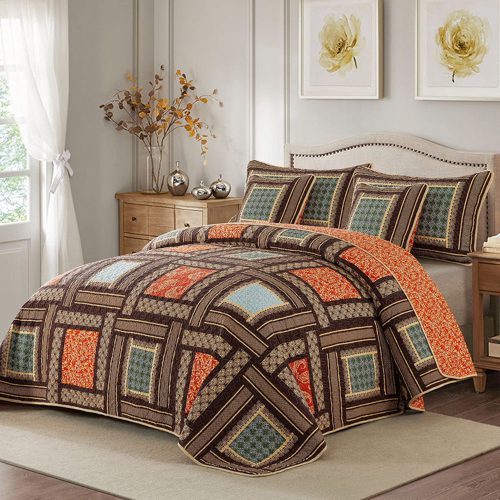 Cotton Patchwork Bedspread, 3-Piece Bedding Quilt Set with Real Stitched Embroidery, Reversible Matelasse Bed