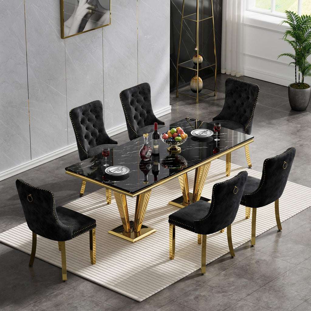 68" Black Marble Dining Table, Luxurious Marble Table Dining with 0.71" Thick Printed Marble Top and Gold