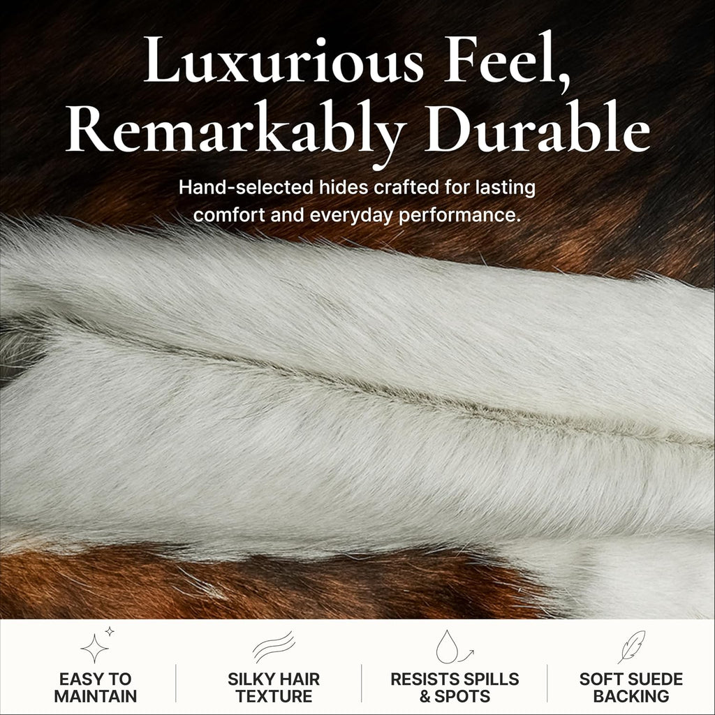 Tricolor Cow Hide Rug 6x7 ft, Genuine Hair on Hide