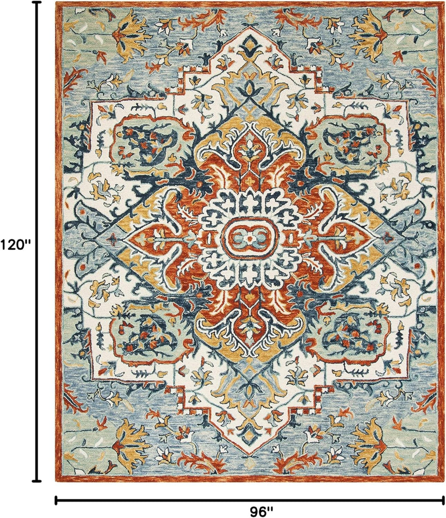 Area Rug 8x10 - Aspen - Large - Blue & Rust, Handmade Wool, Boho Design