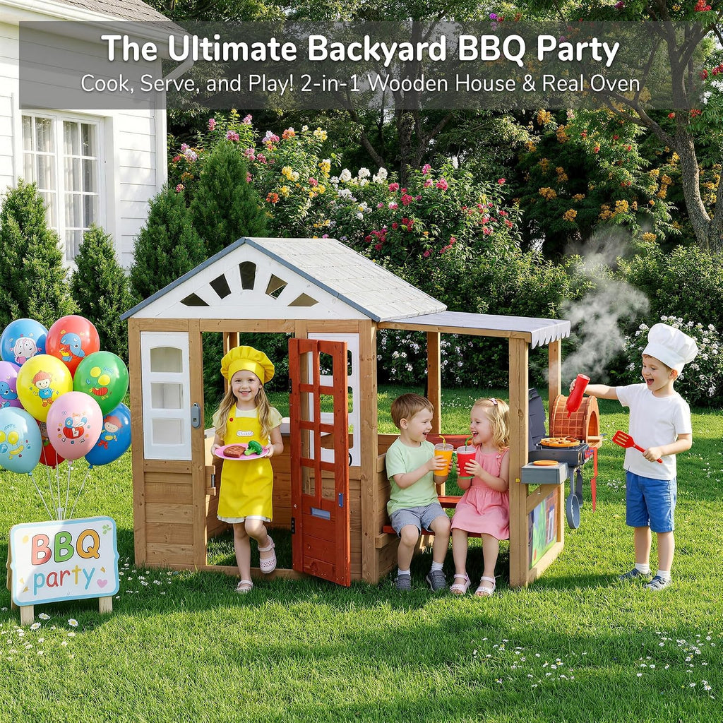 Kids Outdoor Wooden Playhouse, Cedar Wooden Play House for Ages 3-8 Kids with BBQ Grill, Kitchen Set, Picnic Table
