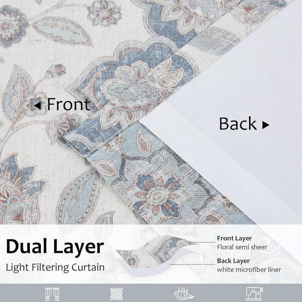 Navy Blue Floral Print Pinch Pleated Light Filtering Curtains with Microfiber Liner Linen Blended Textured Vintage
