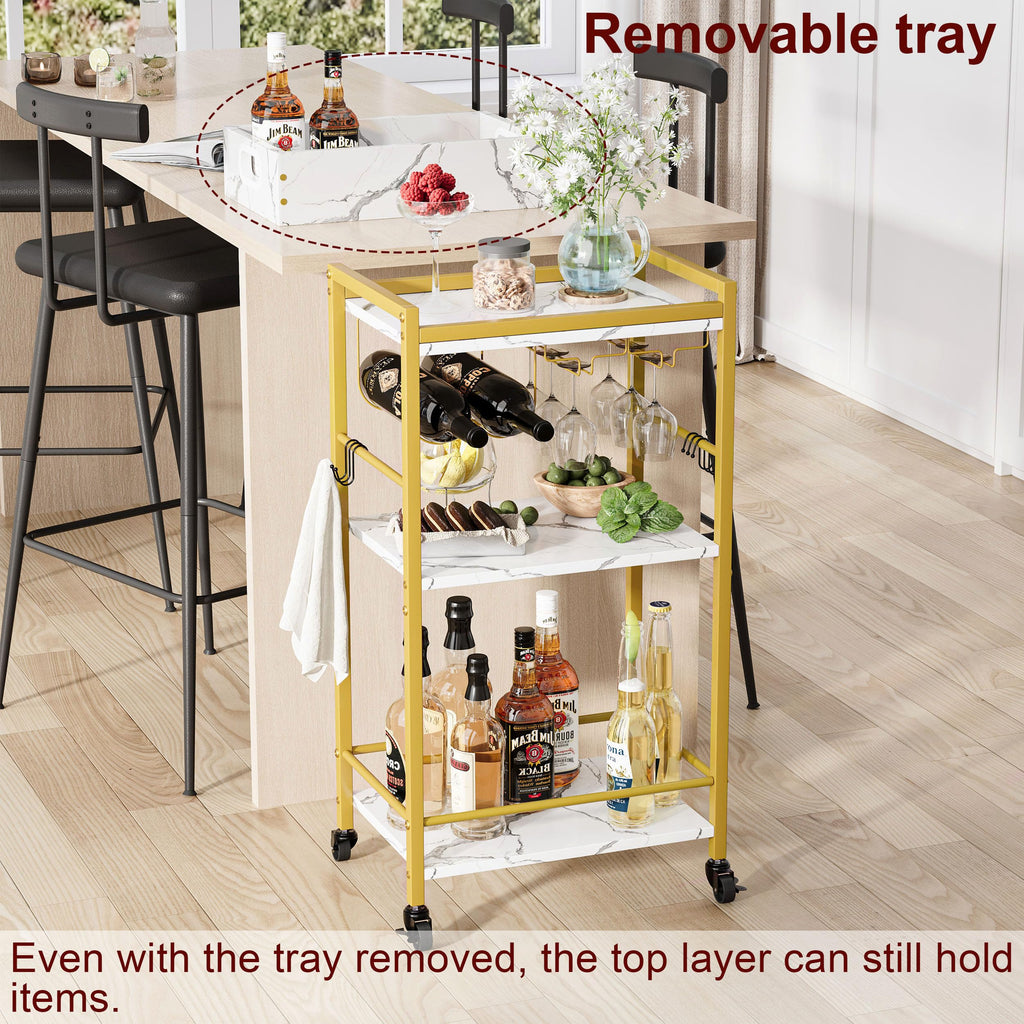 3-Tier Gold Bar Cart with Removable Tray, Small Bar Carts with Wheels, Rolling Beverage Cart, Drink Cart, Gold Wine