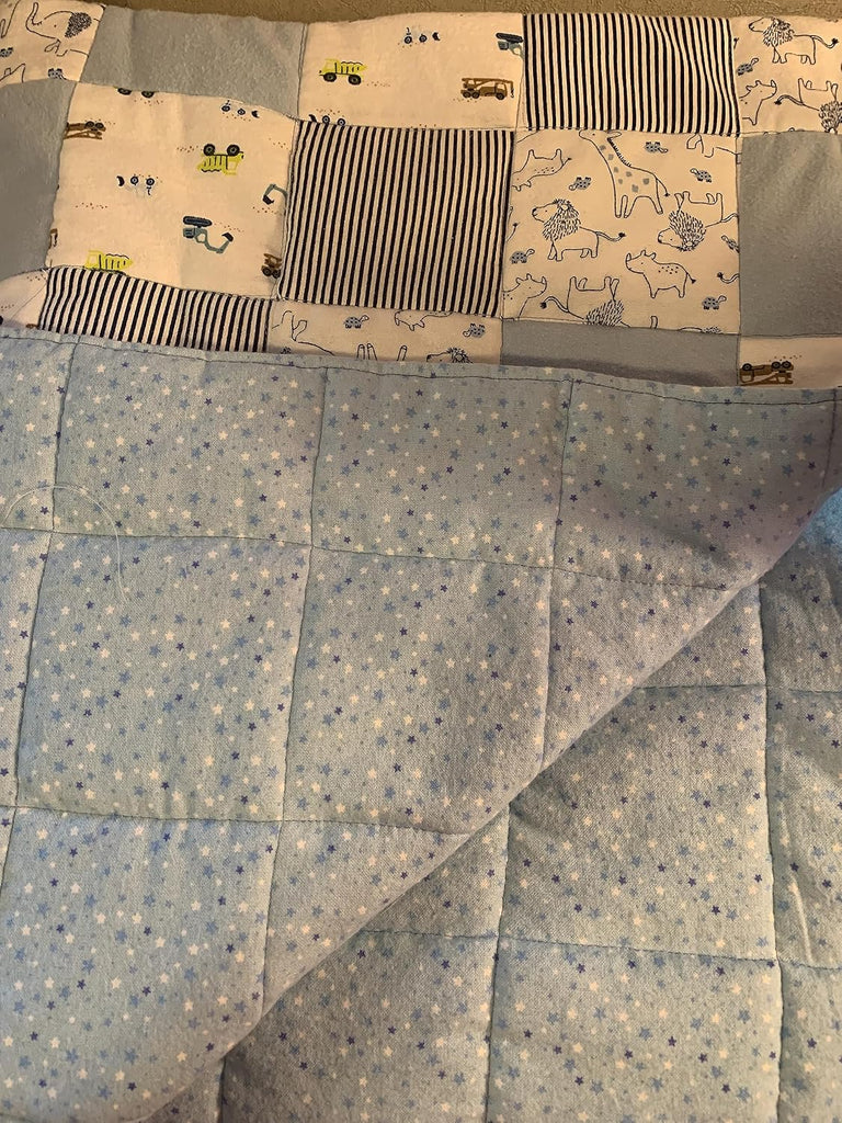 Baby Boy Quilt, Crib Size in Blue, Construction Trucks, Stars, Washable Flannel