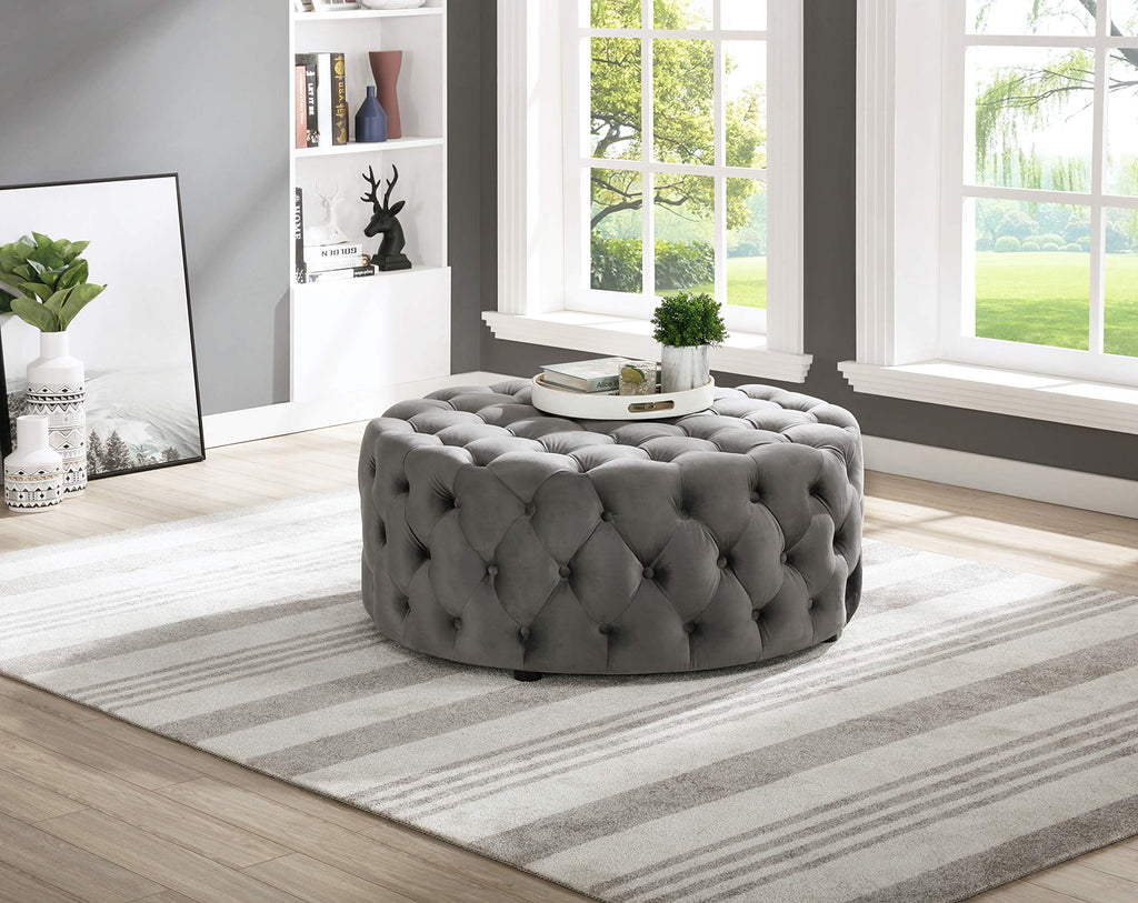 Sherlyn 40" Tufted Round Ottoman/Footstool, Gray, Modern Glam Accent Chair Alternative and Coffee Table Stool (Velvet)
