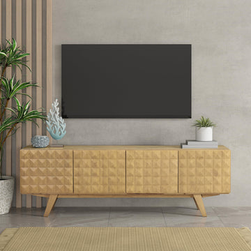Sapa Mid-Century Modern Solid Wood TV Stand 4-Door Media Console with Carved Geometric Fronts for TVs up to 75"