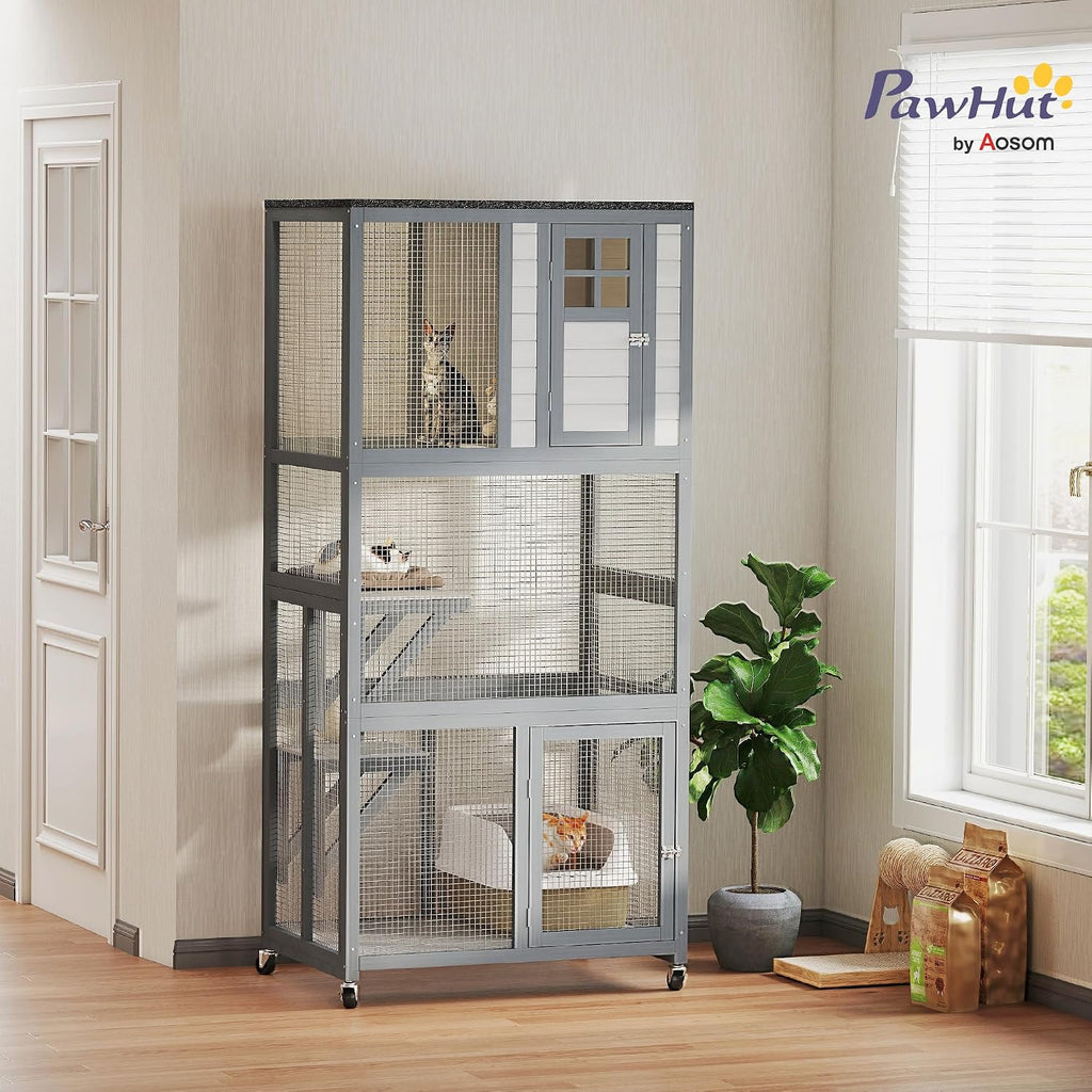 74" Wooden Catio Outdoor Cat Enclosure Weatherproof & Wheeled, Outside Cat House with High Weight Capacity, Kitten