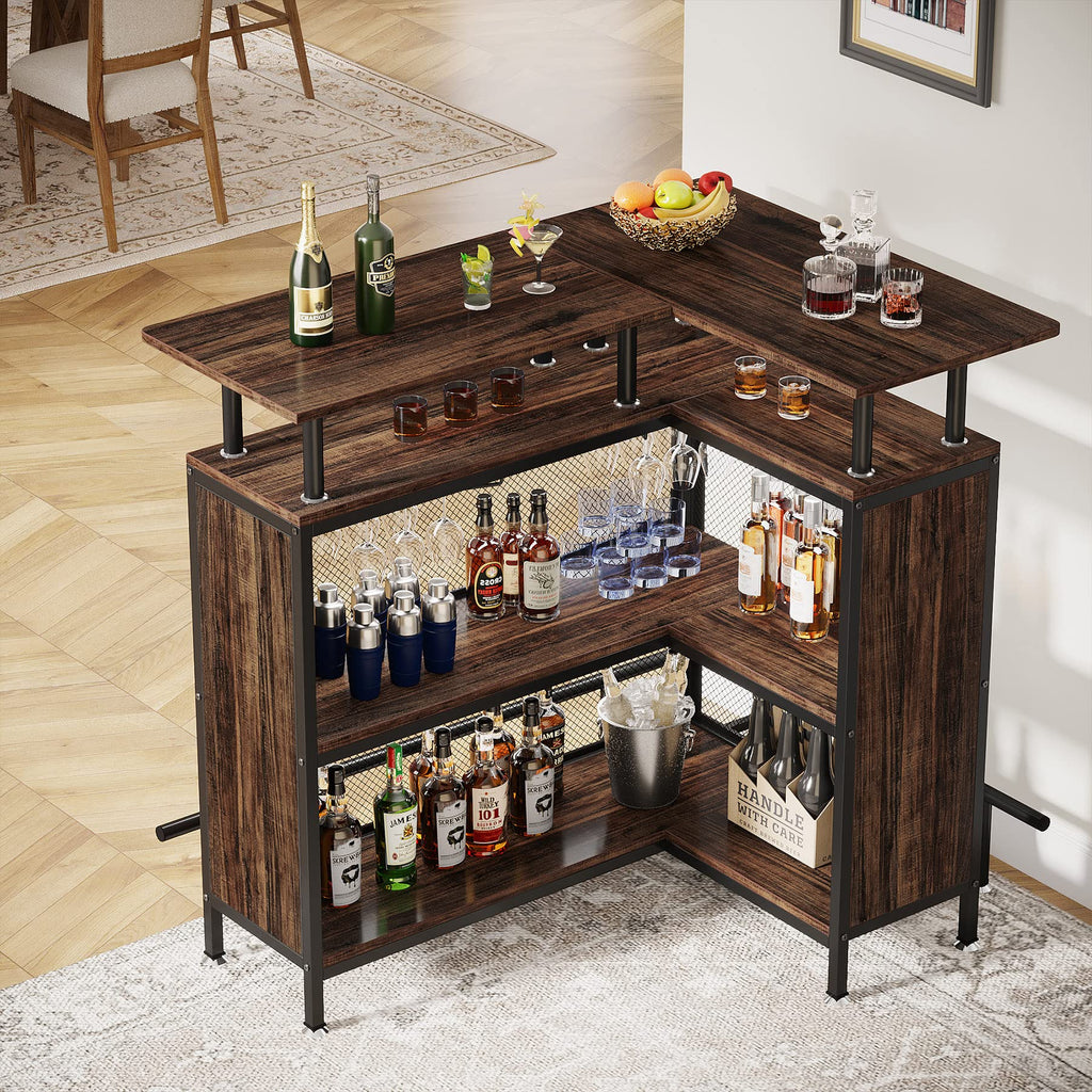 Bar Unit, L-Shaped Bar Table with Stemware Racks and 2-Tier Shelves, Corner Mini Coffee Liquor Cabinet with