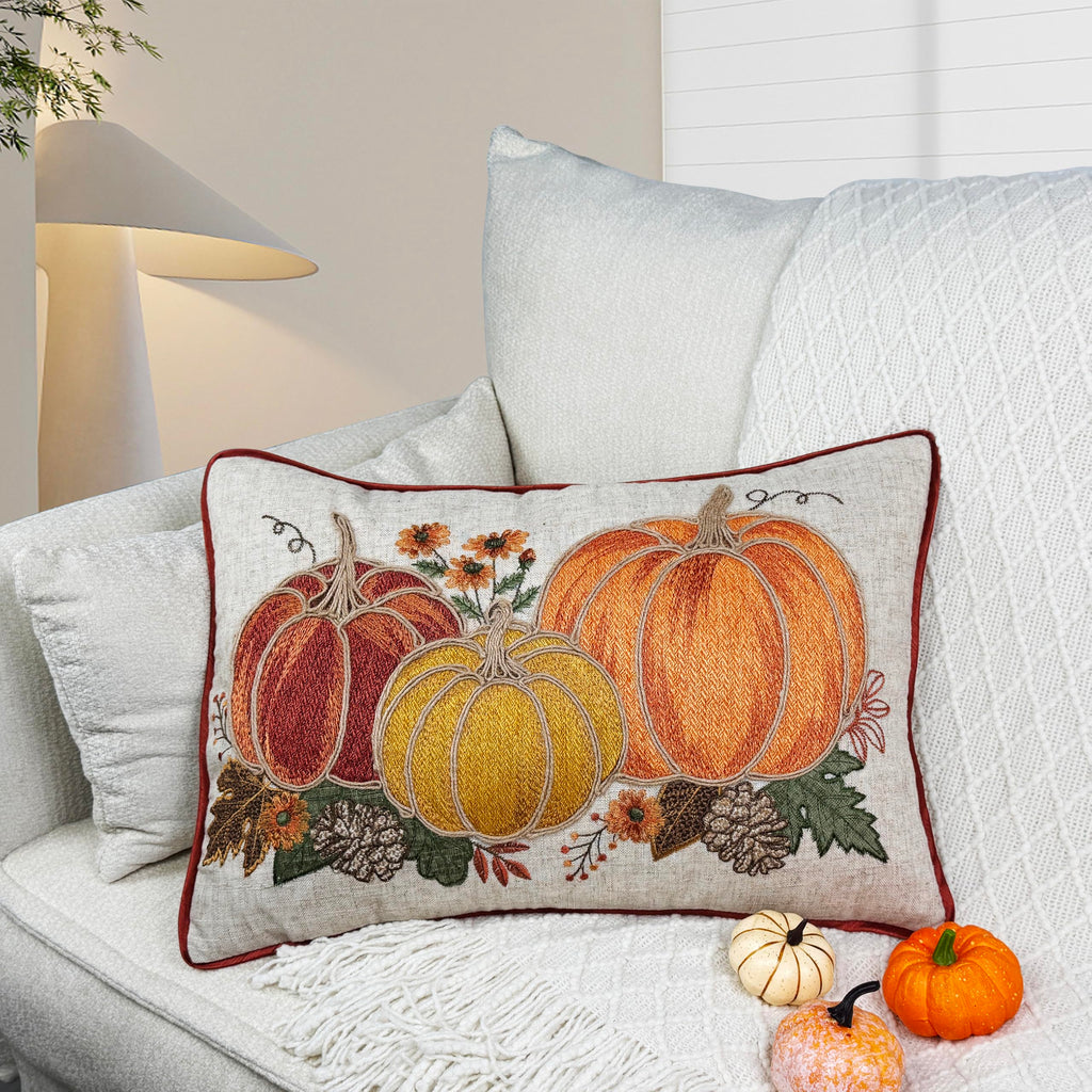 Fall Thanksgiving Embroidery Pumpkin Throw Pillow Cover 14x20 Inch, Farmhouse Harvest Decorative Cushion Case 14x20