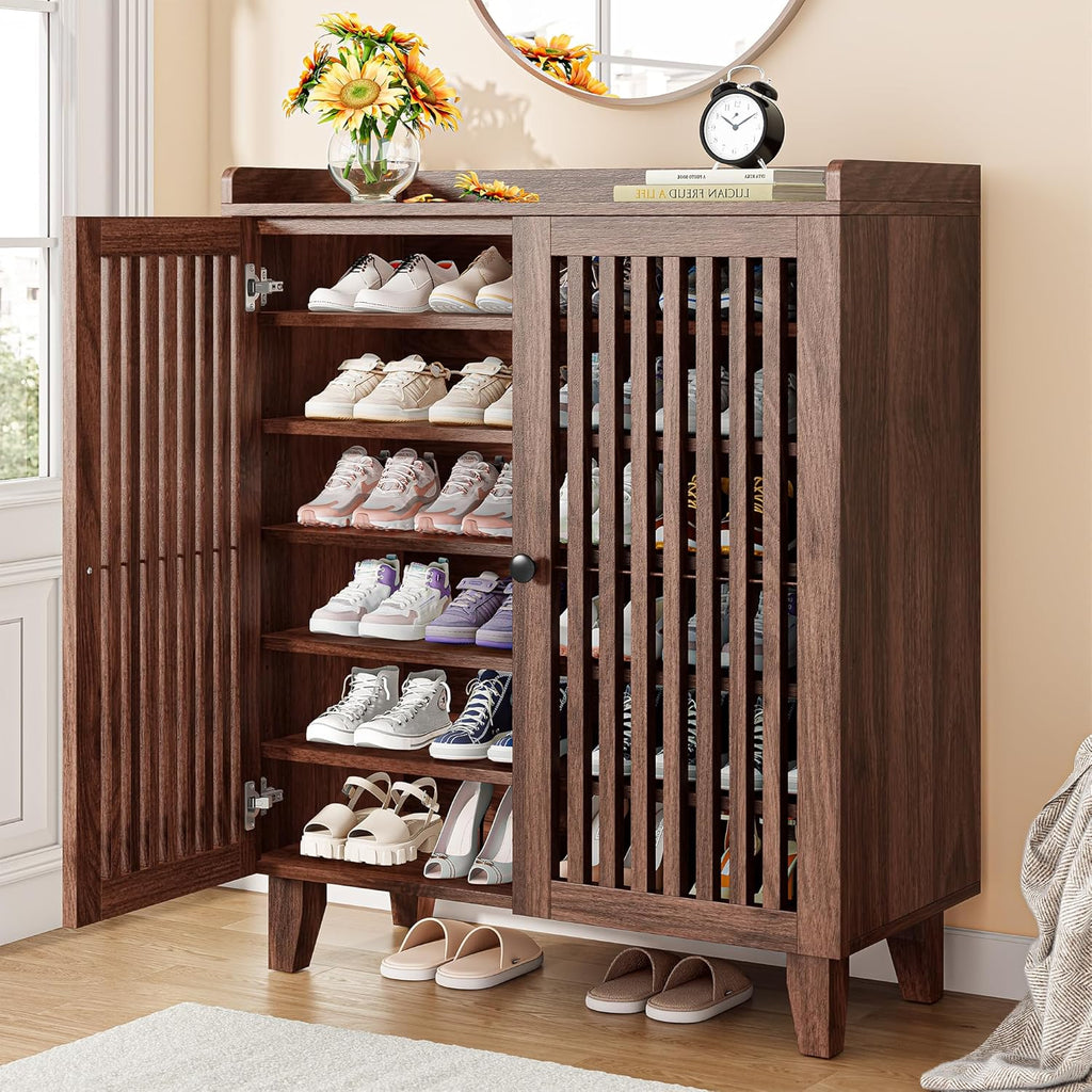 Shoe Cabinet with Slatted Doors, 6-Tier Shoe Storage Cabinet with Adjustable Shelves, Wooden Shoe Rack Organizer