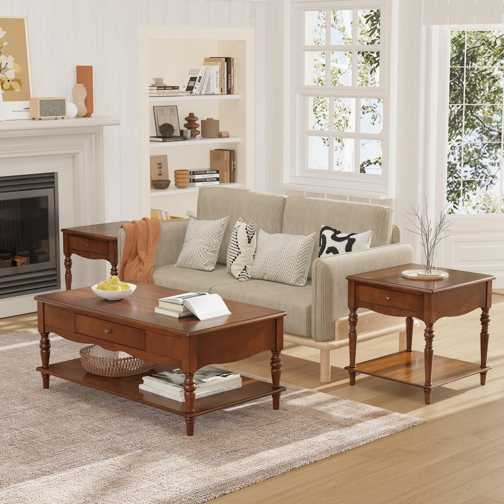 Solid Wood Coffee Table, Cherry Wood Coffee Table Cocktail Table with Storage Shelf, Victorian Style Coffee Tables
