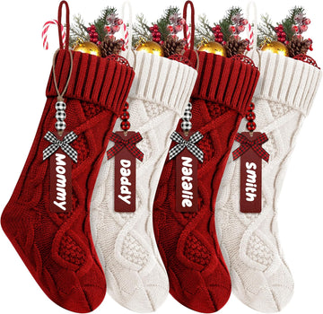 With Wooden Name Tags, 18 inches Xmas Cable Knitted Stocking for Holiday, Hanging Decoration Gifts for Family - Set of 4
