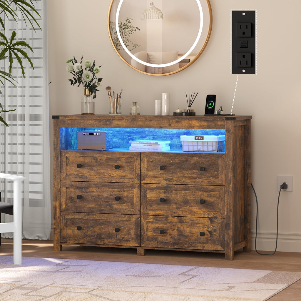 Brown Dresser 6 Drawer Dressers with LED Lights, Charging Station, Wood Chest of Drawers with Metal Handles, Modern