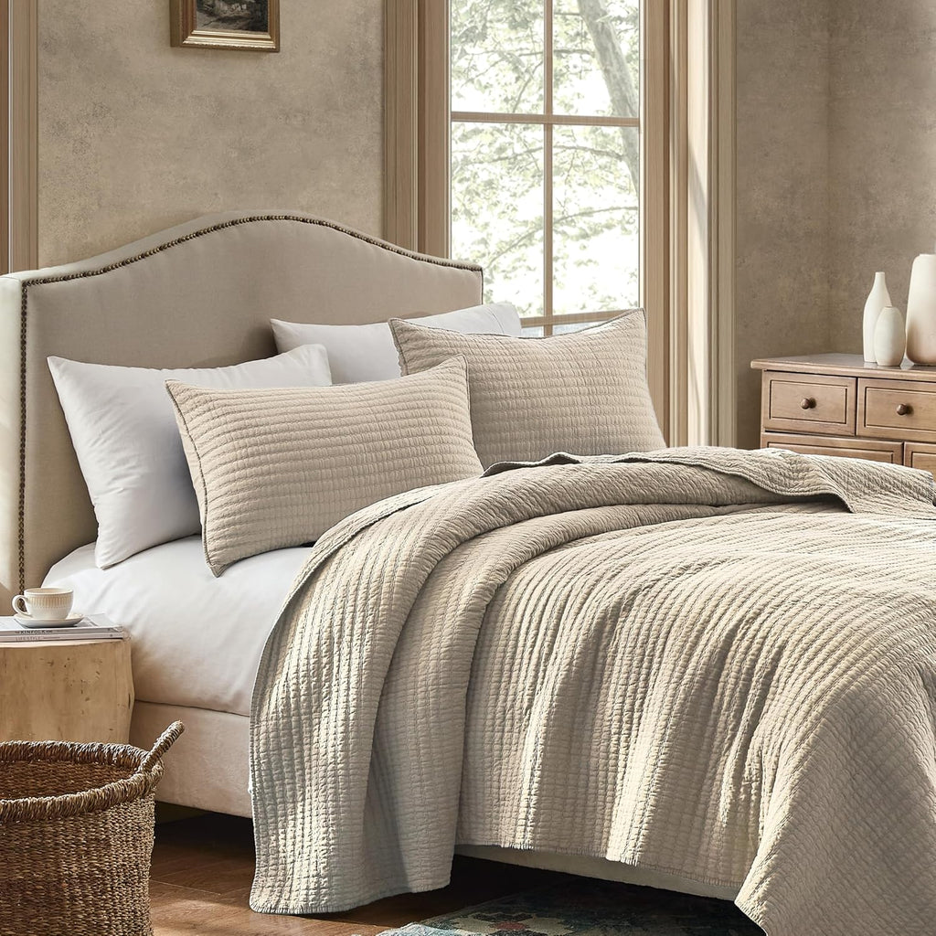 100% Cotton Queen Quilt Set - Beige Neutral Striped Pick Stitch Soft Lightweight Bedspread, Textured Like Linen