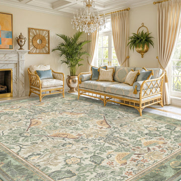 Boho Dining Room Rugs for Under Table 9x12 - Plant & Bird Patterned Rugs Under Bed, Traditional Victorian Sage Green