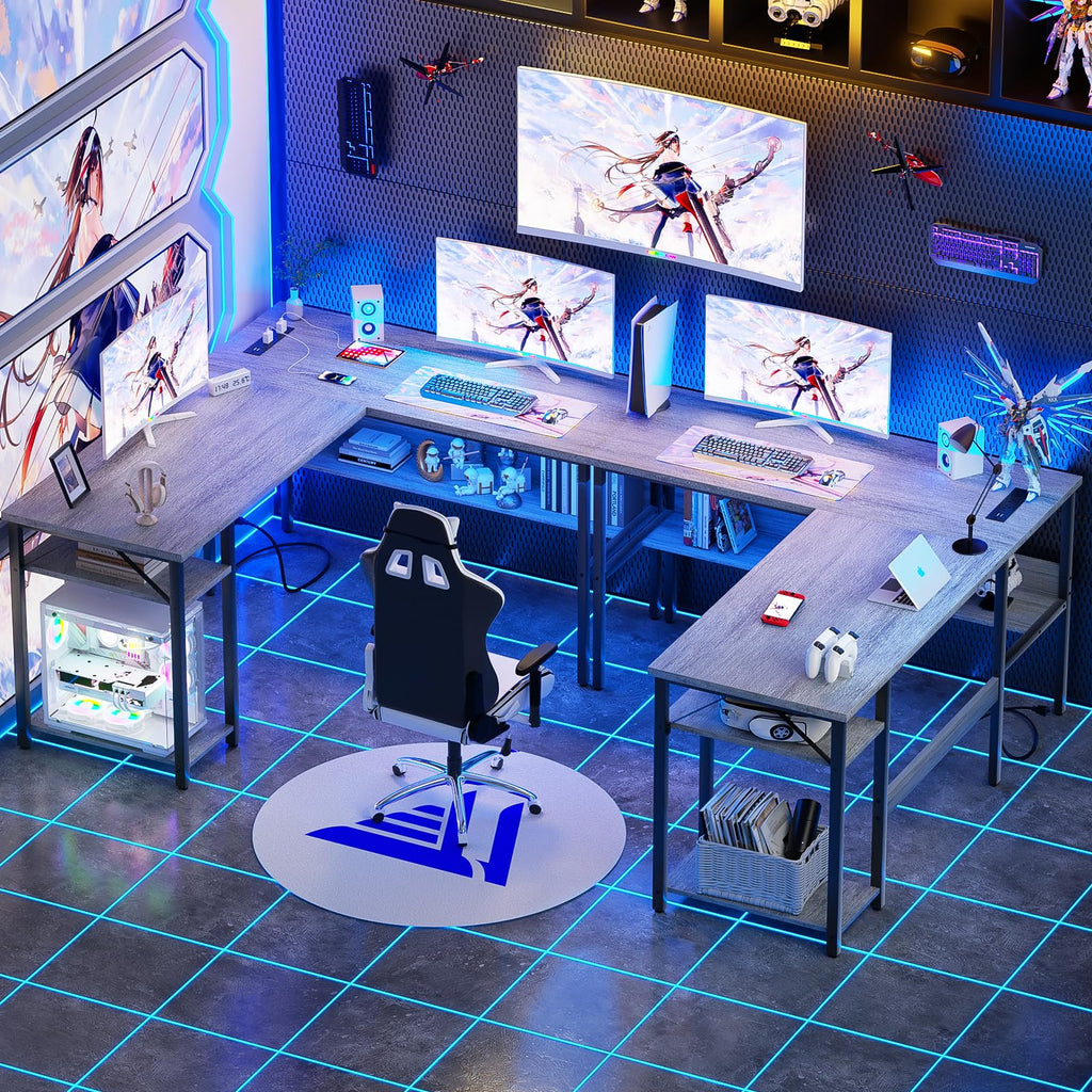 L Shaped Computer Desk with Magic Power Outlets and USB Charging Ports, Sturdy Reversible Corner Desk with Storage
