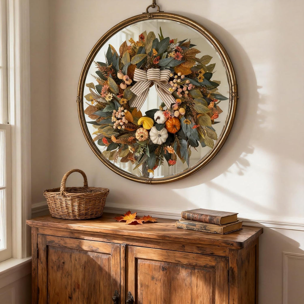 24 Inch Fall Wreath for Front Door,Pumpkin Wreath Farmhouse Decor