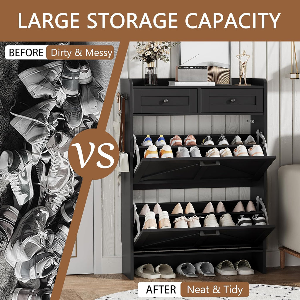 Shoe Cabinet with 2 Flip Drawers & 2 Top Drawers, 43" Tall Freestanding Narrow Wooden Shoe Storage Organizer , Hidden