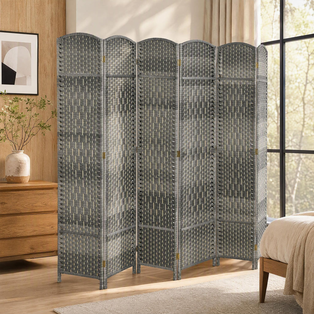6 Panel Room Divider 6 Ft Privacy Screen Hand-Woven Mixed Gray