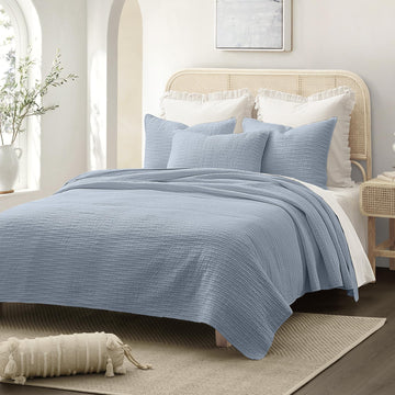 Natural Linen Cotton Quilt - Skin-Friendly Breathable & Hypoallergenic Quilt, 3 Piece Wave Stitched Dusty Blue