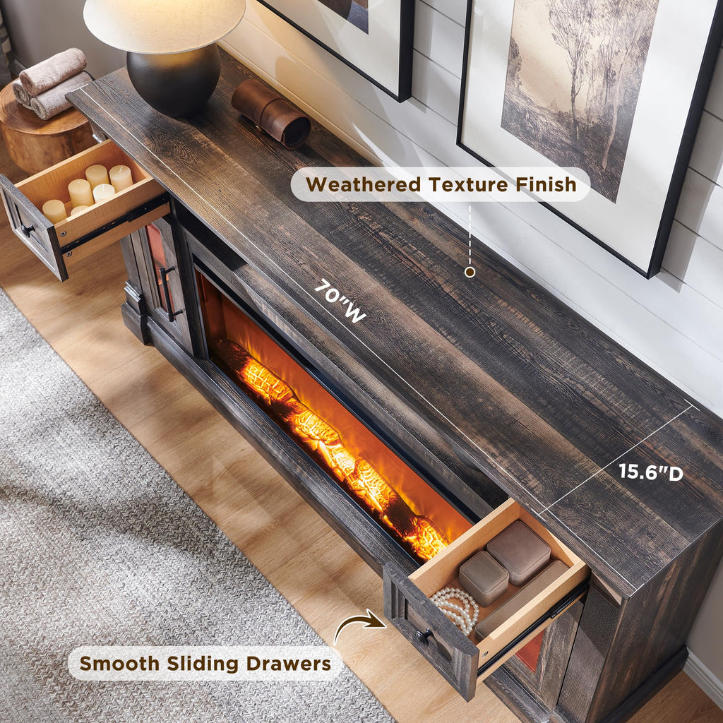 70" Farmhouse Fireplace TV Stand for TVs Up to 80", Dark Rustic Oak