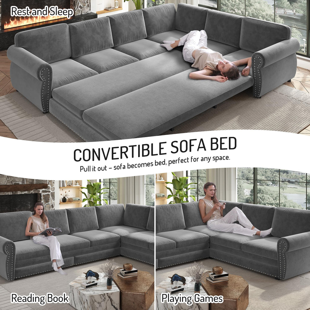 118" L-Shaped Sofa Couch with Pull Out Bed, Oversize Convertible Sectional Sleeper Sofa with Nailhead Trim & Rolled