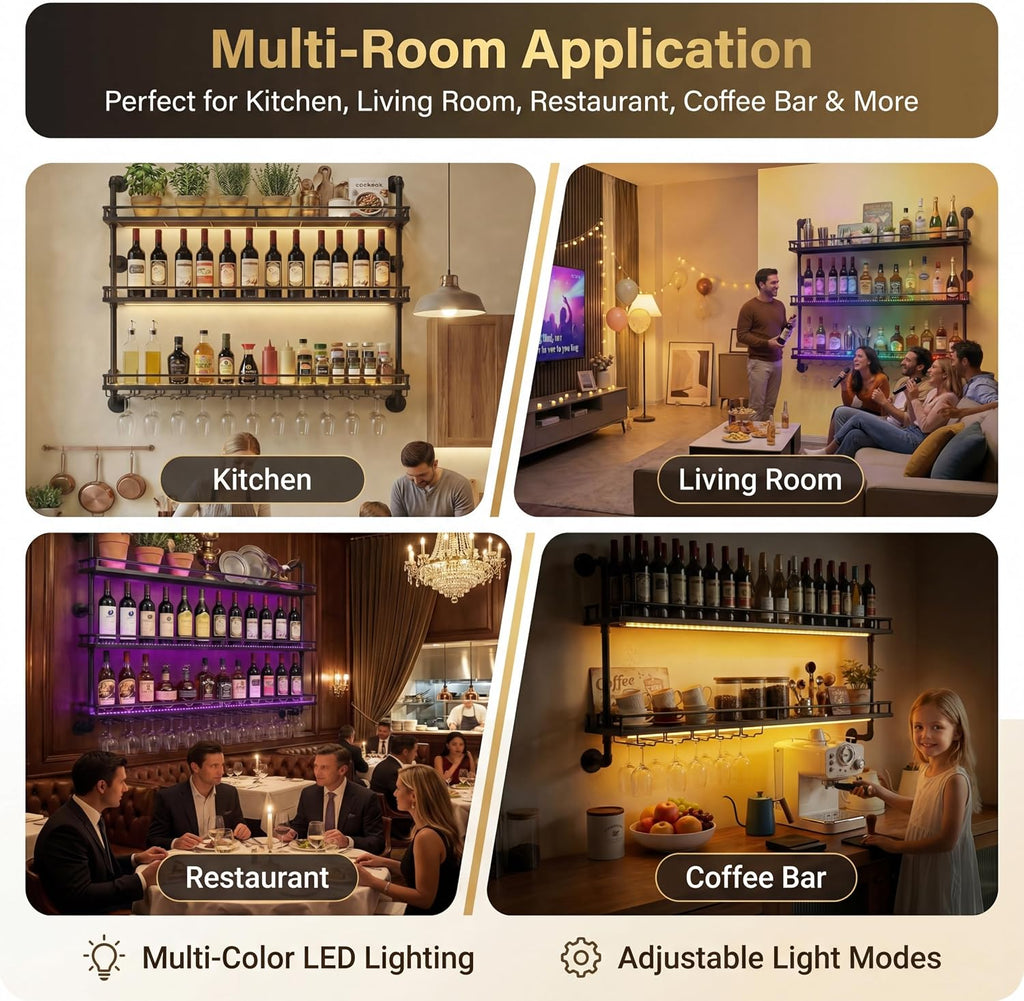 48 Inch Industrial Pipe Wine Rack Wall Mounted with LED Light | 2 Tier Floating Bar Shelves Wine Bottle Display Shelf