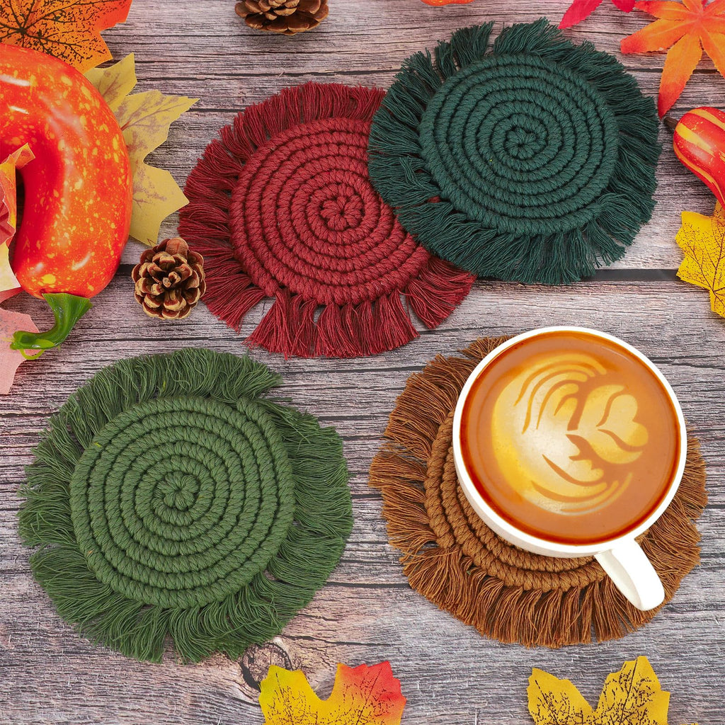 4 Pcs Fall Boho Macrame Coasters Handmade Woven Drink Coasters Autumn Thanksgiving Farmhouse Rustic Cup Mat Pad