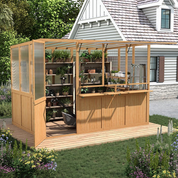 6x10 Ft Wood Greenhouse for Outdoors | Walk-in Lean to GreenHouse, Openable Window & Lockable Door, Reinforced Frame
