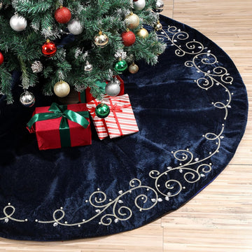 48inch Christmas Tree Skirt Navy Blue Luxury Velvet Plush Fur Skirts Baroque Tree Skirts with Gold Embroidered Pearls