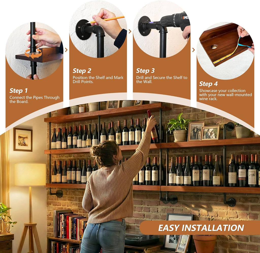 Bar Shelves, Wall Mounted Wine Rack, Walnut Brown, 60 Inch | 3 Tier, Industrial, Solid pine shelves, black pipe