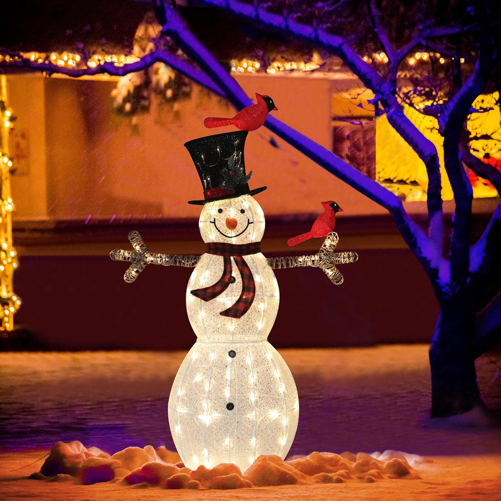 5FT Lighted Snowman with Birds for Christmas Decoration, 3D Pre-Lit Iridescent Snowman Xmas Decor with 90 LED Lights