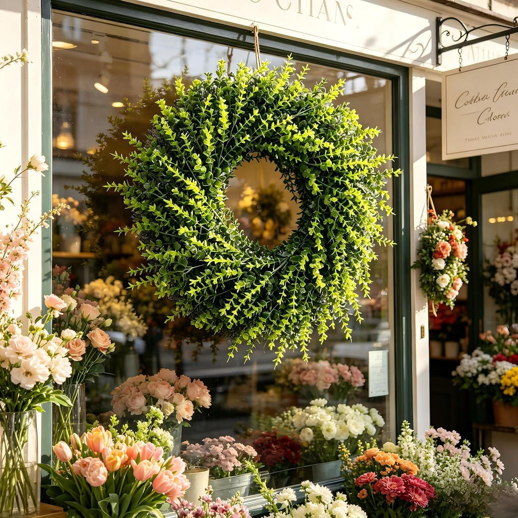 All Season Artificial Boxwood Wreath for Front Door, Farmhouse Year Round Greenery Wreath Outdoor with Hanging Tag